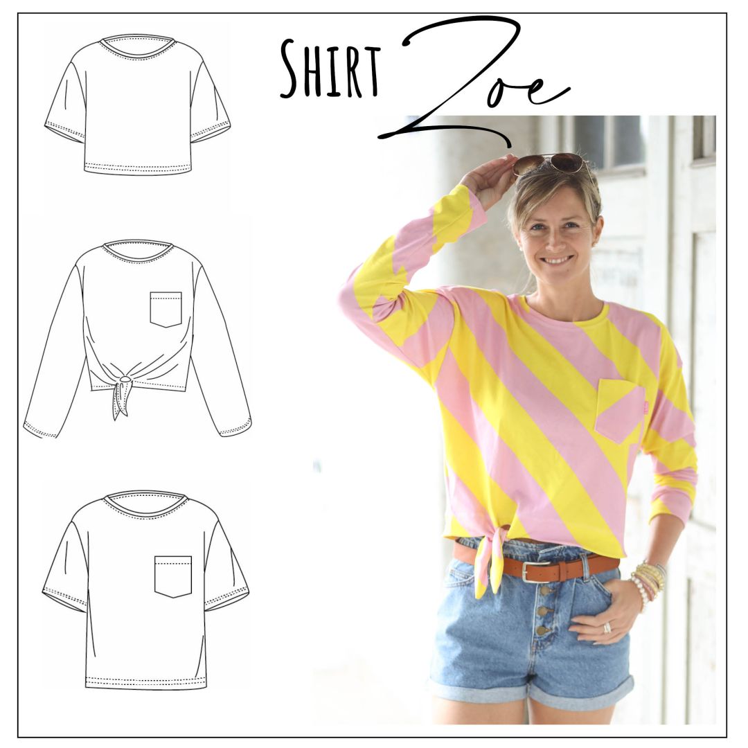 Das „Shirt Zoe“ ist eine digitale Nähanleitung mit Schnittmuster für Damen.Zoe ist ein locker geschnittenes, modernes Shirt mit drei Längen.