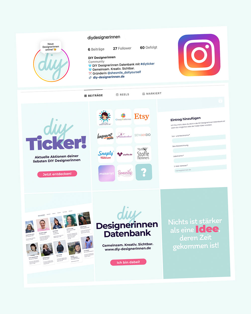 Der Kanal @diydesignerinnen folgt allen Designerinnen die in der Datenbank gelistet sind. Folge DU dem Kanal, wenn du Gemeinschaftsaktionen und Ideen dieser Designerinnen nicht verpassen willst.