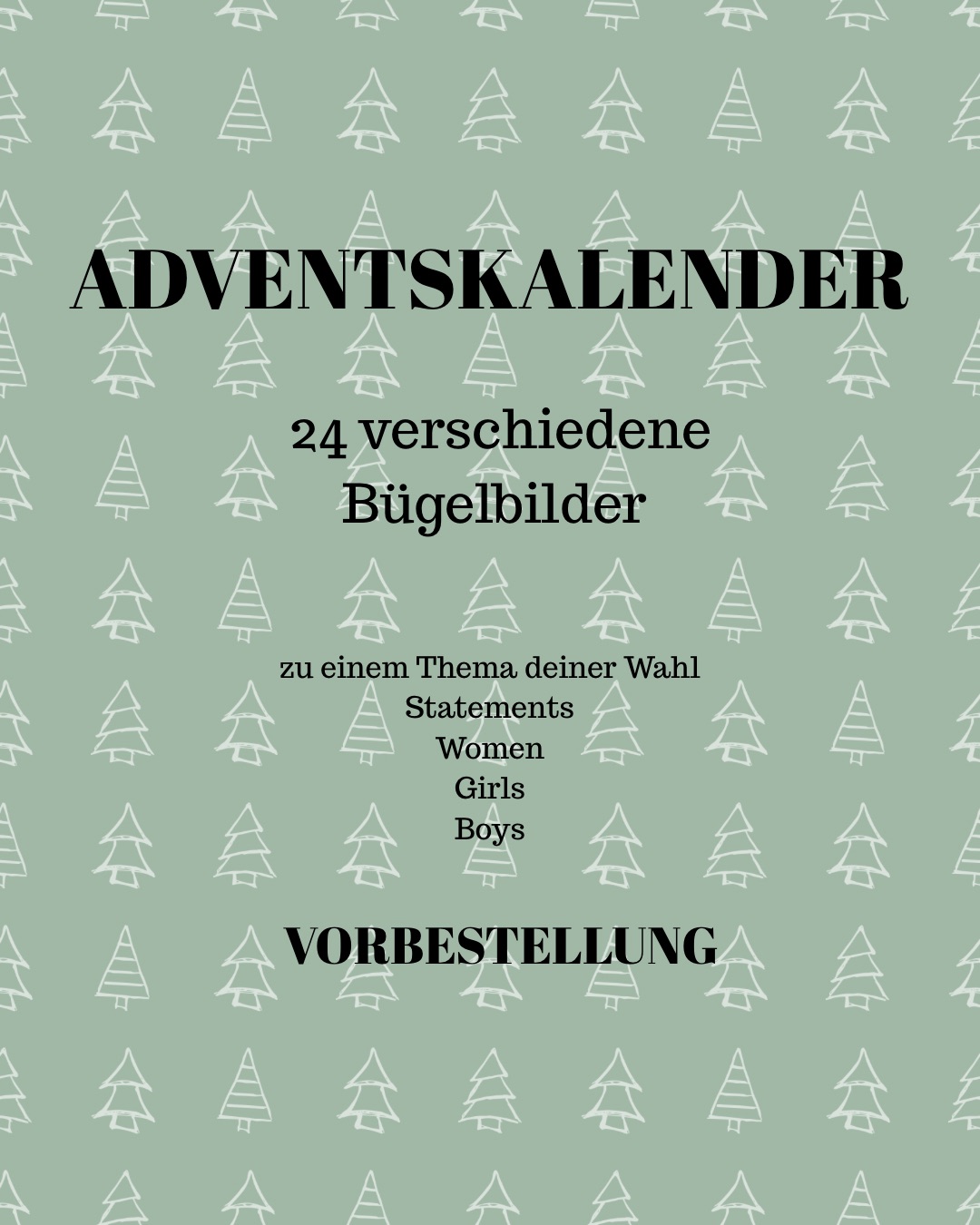 Der Adventskalender ist eine wunderbare Möglichkeit, die Vorfreude auf die Weihnachtszeit zu steigern.Du erhältst 24 verschiedene Bügelbilder entsprechend deinem ausgewählten Thema.