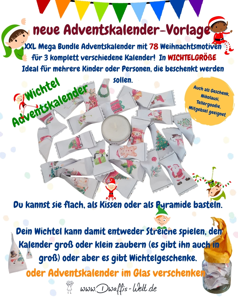 Diese Vorlage reicht für 3 verschiedene Kalender!Wichtelkalender / Wichtelgeschenke / Adventskalender im Glassupersüße kleine Adventskalender- oder Geschenkepäckchen in zwei Größen.Für Wichtel, Wichtelstreiche oder kleinen AUfmerksamkeiten
