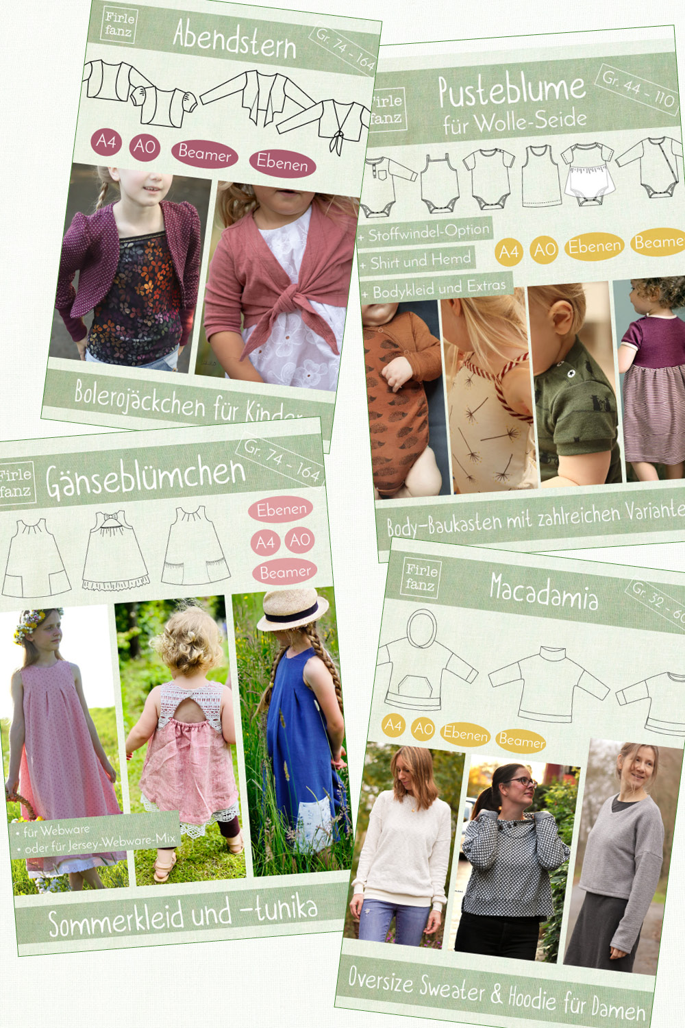 Bei Firlefanz findest du Ebooks (Nähanleitungen und Schnittmuster) für Kinder- und Damenkleidung mit viel Liebe zum Detail. Viele der der Schnitte haben zahlreiche Varianten, sodass der Schnitt nie langweilig wird. Ein Kennzeichen von Firlefanz sind außerdem die sehr ausführlichen Nähanleitungen mit vielen detaillierten Bildern.