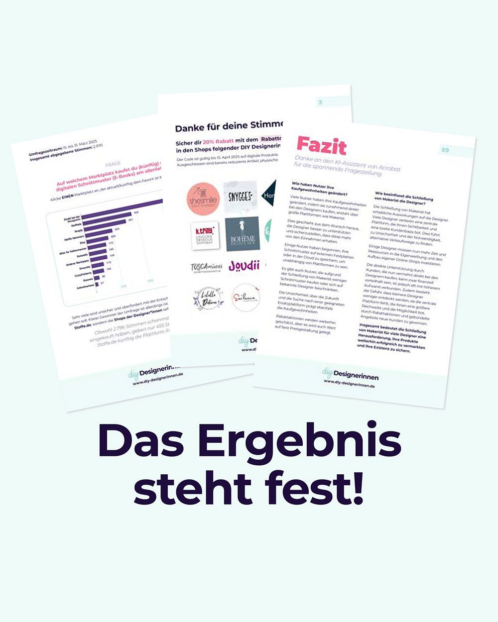 Melde dich bis 13. April 2025 zum "Newsletter für Kreative" der DIY Designerinnen Datenbank an und erhalte nicht nur den Link zum Ergebnis-PDF der Plattform-Umfrage, sondern auch einen exklusiven Rabattcode für insgesamt 15 Designerinnen-Shops.