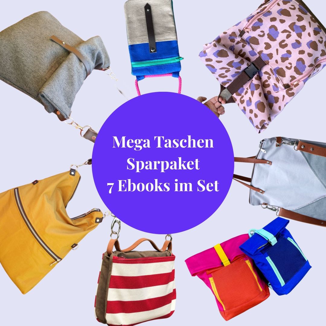 Du nähst gerne Taschen und willst beim Nähen richtig sparen?Mit diesem Taschen-Schnittmuster Bundle bekommst Du alle 7 Taschen-Ebooks aus meinem Shop in einem günstigen Komplettpaket.