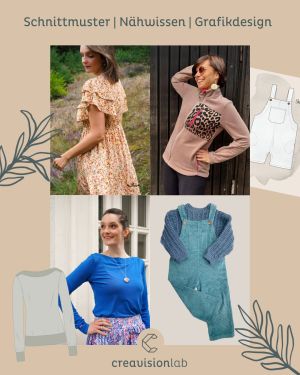 Bei Creavision Lab findet ihr moderne, nachhaltige PDF-Schnittmuster für Damen und Kinder – viele davon auch als Beamerdatei – sowie kreative Plotterdateien.<br />
Unsere Kinderschnitte wachsen mit, viele Modelle haben clevere Unterteilungen zur Stoffresteverwertung. Die grafisch aufwendig gestalteten Anleitungen enthalten oft kleine Tutorials zu Nähtechniken oder Stoffen – ideal für alle, die beim Nähen auch dazulernen wollen. Freebooks und digitale Extras findet ihr bei uns ebenso wie viel Inspiration für alltagstaugliche DIY-Mode mit Stil.<br />
Neben meinen eigenen Schnittmustern biete ich auch Grafikdesign-Services rund ums Thema Ebooks und Schnittmuster an – z. B. technische Illustrationen, die Gestaltung von Ebooks und Schnittbögen sowie die Erstellung von Beamerdateien und mehr.<br />