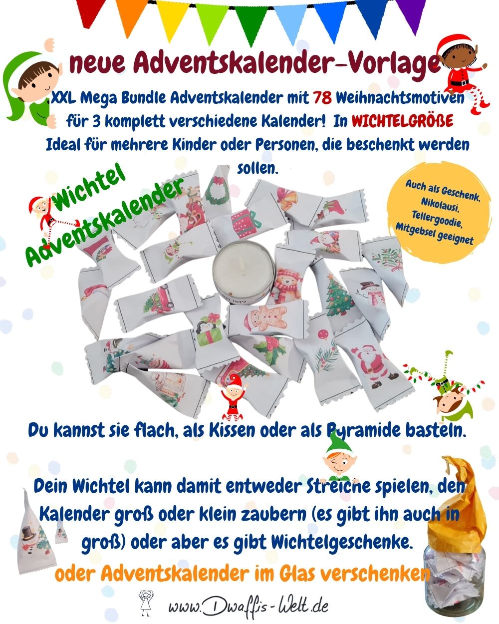 Diese Vorlage reicht für 3 verschiedene Kalender!Wichtelkalender / Wichtelgeschenke / Adventskalender im Glassupersüße kleine Adventskalender- oder Geschenkepäckchen in zwei Größen.Für Wichtel, Wichtelstreiche oder kleinen AUfmerksamkeiten