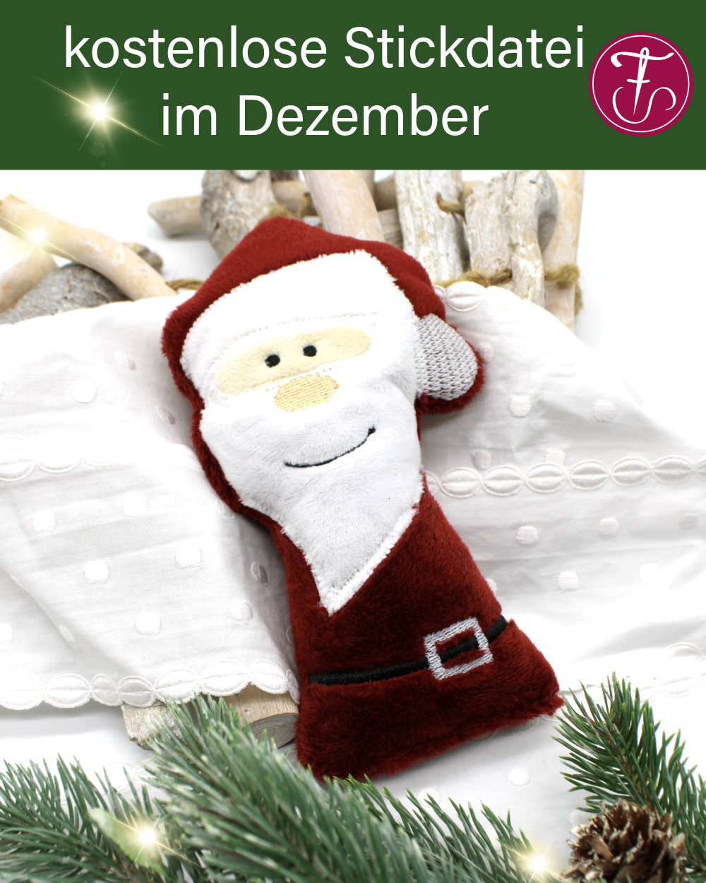 Diese ITH Stickdatei Weihnachtsmann ist ein süßes Projekt für jede Stickmaschine und kostenlos im Dezember zu finden! Gefüllt mit Rassel und Watte ein niedlicher Weggefährte. Er wird komplett im Stickrahmen gefertigt.