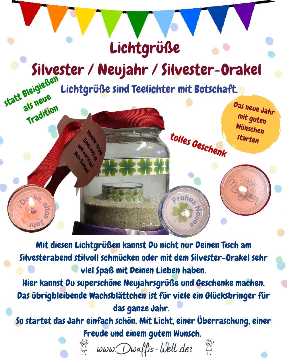 Für tolle Silvester / Neujahr Stimmung  und NeujahrsgeschenkeDekoriere Deinen Silvestertisch und hab Spaß beim Silvester-Orakel. Gestalte Neujahrsgrüße, Geschenke und Glücksbringer für ein neues Jahr voller Licht10% Rabattcode: DIYTickerSilvester