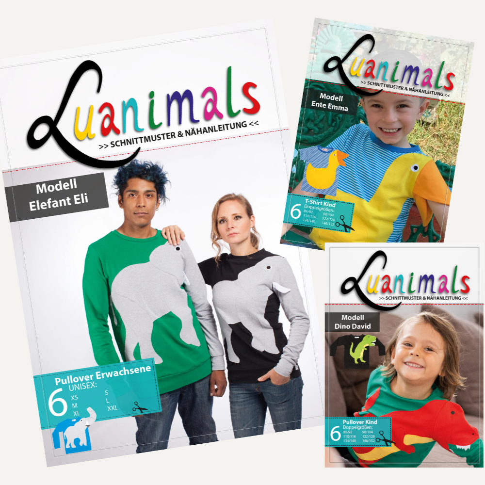 2009 begann alles mit Bekleidung für Erwachsene aus Baumwoll-Jersey…schnell wurden daraus Kleidungsstücke mit Tiermotiven unter dem Namen Luanimals. Hiermit designen und produzieren wir seither bequeme und langlebige Baby- & Kinderkleidung, aber auch Oberteile für Erwachsene. Da uns Individualität und Farbe sehr wichtig sind, kamen vor ein paar Jahren noch Schnittmuster mit Nähanleitungen und nun auch eBooks mit Beamer-Datei unserer ausgefallenen Teile dazu. So können besondere und individuelle Lieblingskleidungsstücke als Geschenke gezaubert werden. Zu klein gewordene Lieblingsteile können auch spitze in einem Upcycling-Projekt verarbeitet werden. Wir freuen uns schon sehr darauf, die Luanimals Familie und die DIY Community wachsen zu sehen!