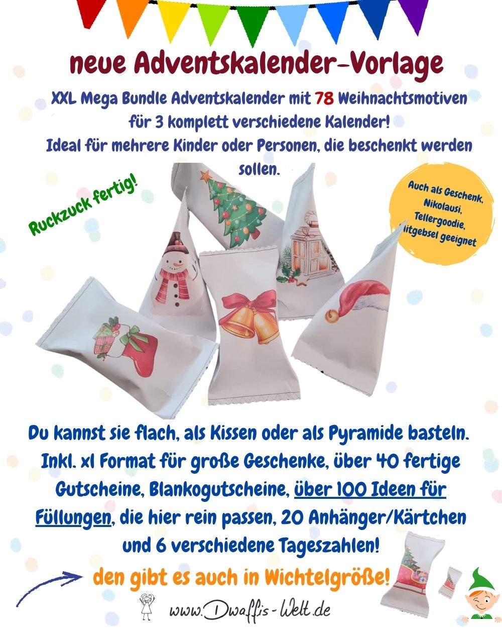 Diese Vorlage reicht für 3 verschiedene Kalender!Inhalt: 78 Motive, 6 Tageszahlensets,  Kärtchen/Anhänger, XL Päckchen, eine ausführliche Anleitung, über 40 fertige Gutscheine und mehr als 100 Füllideen, sowie eine Wichtelversion des Kalenders!