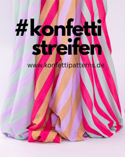 Meine Eigenproduktion #konfettistreifen ist ein verspielter Blickfang in sommerlich Farben  – frisch, frech und federleicht wie eine Sommerbrise! Der weiche Musselin-Stoff aus 100 % Baumwolle bringt ordentlich nur Farbe ins Spiel.