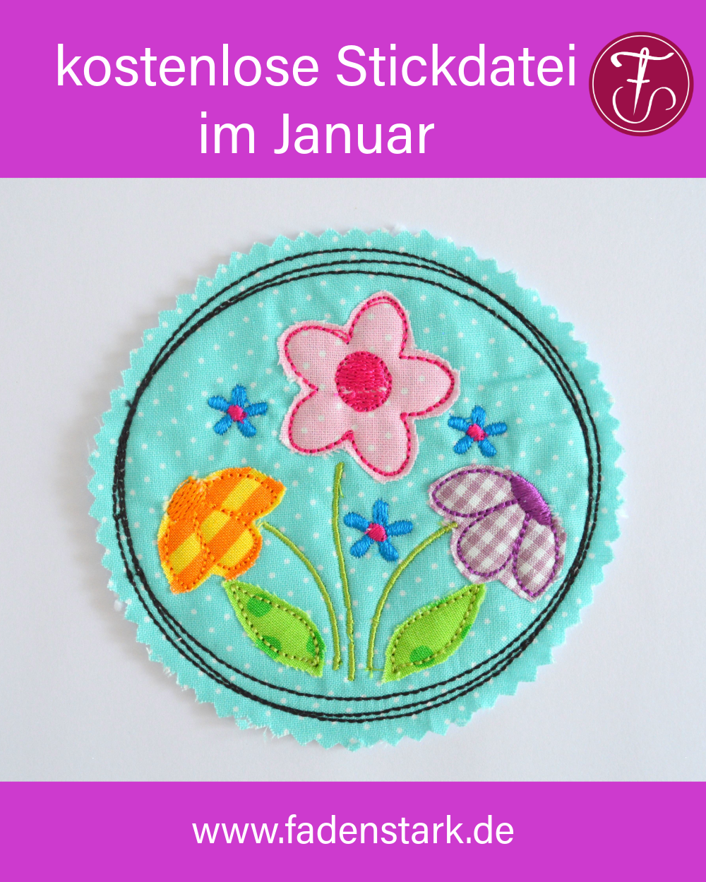 Kostenlose Stickdatei im Januar 2026 für eine doodle Applikation Blumenwiese. Die einzelnen Blüten werden während dem Sticken mit Stoff unterlegt und bilden eine süße Applikation für deine Nähprojekte.
