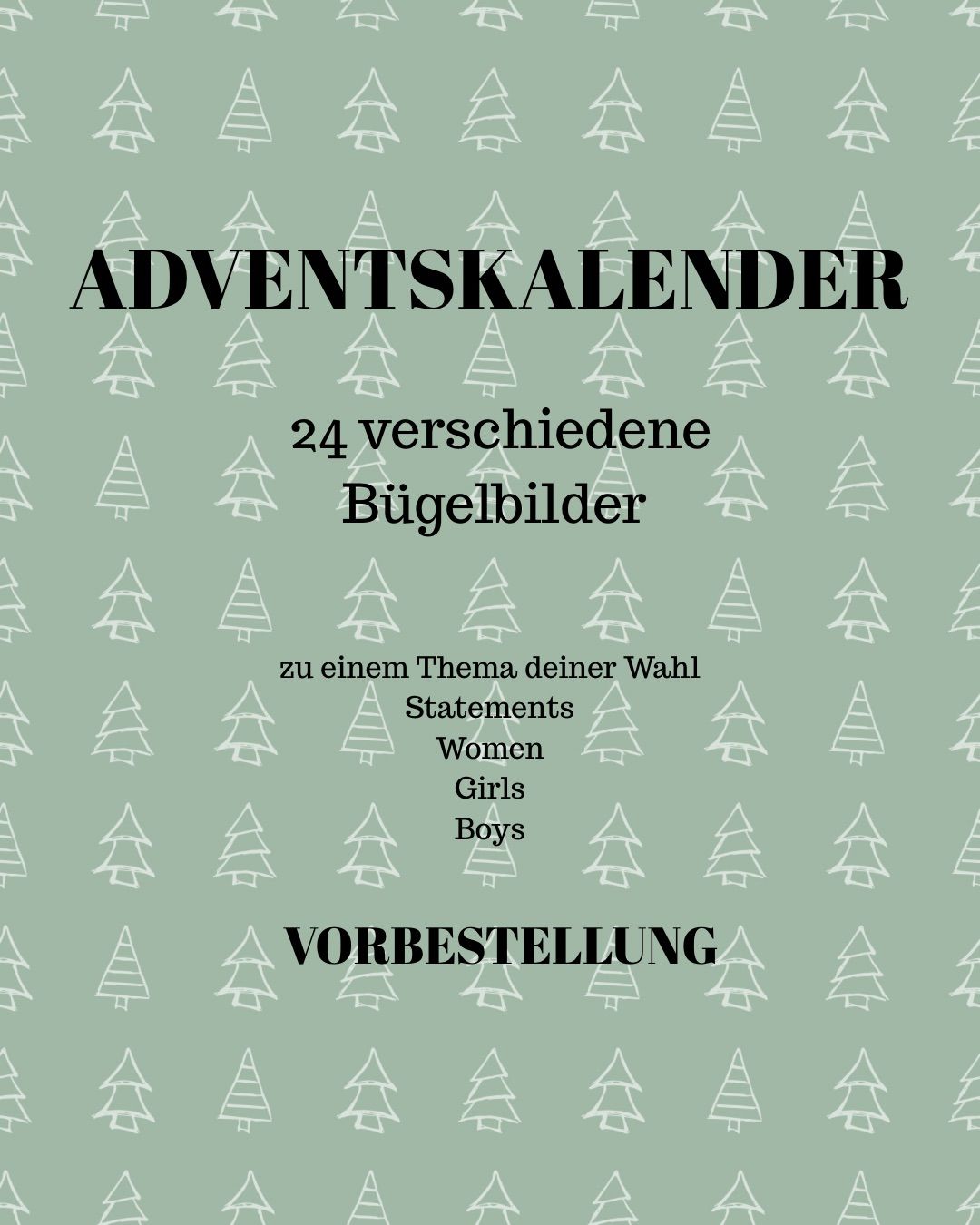 Der Adventskalender ist eine wunderbare Möglichkeit, die Vorfreude auf die Weihnachtszeit zu steigern.Du erhältst 24 verschiedene Bügelbilder entsprechend deinem ausgewählten Thema.