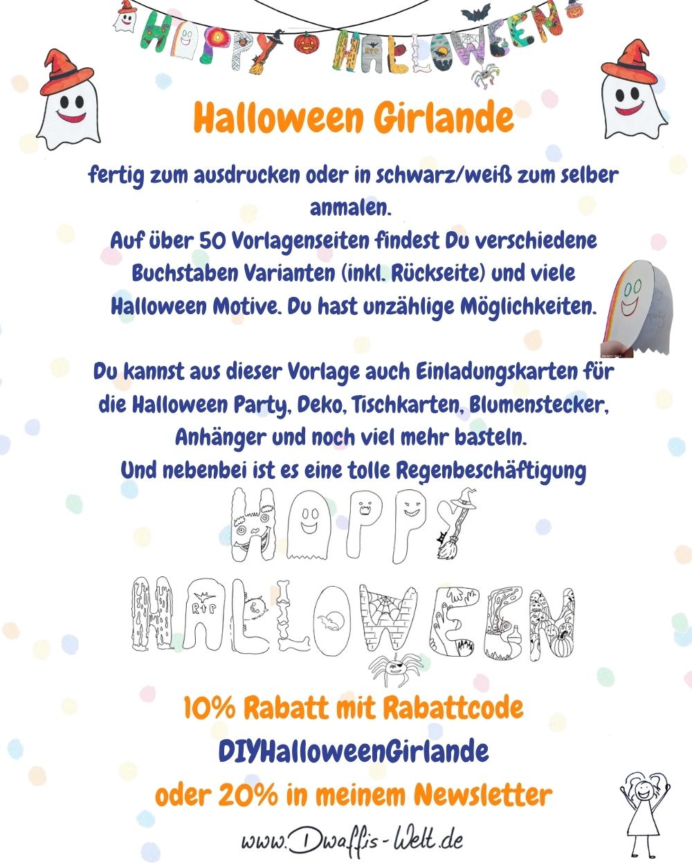 Perfekt für die Ferien und Regentage und um die Vorfreude für ein kinderfreundliches Halloween zu schüren. Ein schnelles Mal- und Bastelprojekt, dass viel Freude macht. Laminiert ist die Girlande/die Deko auch für Draußen genial. Bilder auf www