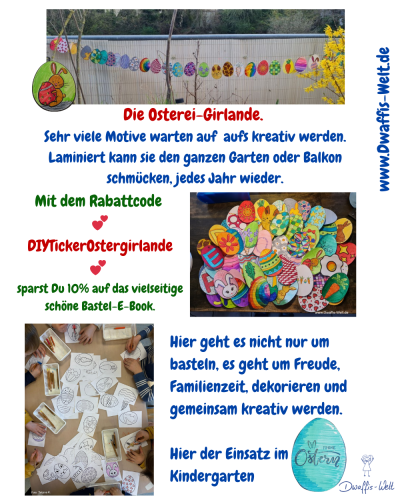 Ausmal- und Bastel-Spaß. Du hast unzählige Möglichkeiten. Leicht, schnell und immer ein tolles Ergebnis! Du kannst die Eier auch einzeln aufhängen oder ins Fenster kleben. Laminiert jedes Jahr eine tolle Gartendeko. So viele Motive und Möglichkeiten!