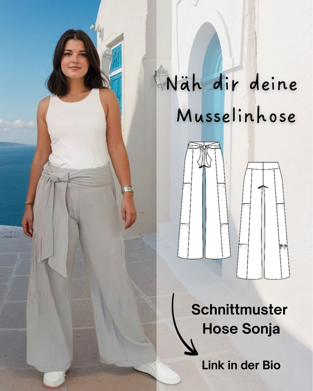 "Must Have" für den Sommer, die Musselinhose Sonja - weit geschnitten- Raffungen an den Seiten- breiter Stoffgürtel zum Binden- Bund mit Passe und Reißverschluss