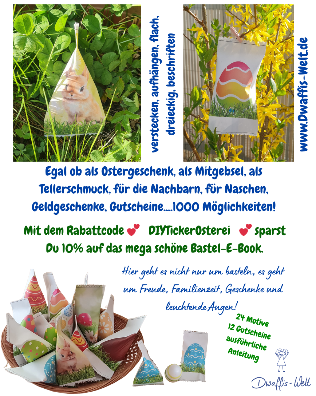 Diese Ostereier machen mehrfach Spaß.<br />
Beim Basteln und Befüllen, beim Suchen und Finden, beim Aufreissen und beim Verschenken.<br />
Außerdem sind sie superschnell gebastelt, verschiedenen Formen und aufhängen möglich<br />
Hol DIr die Vorlage am besten direkt!