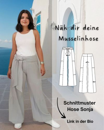 "Must Have" für den Sommer, die Musselinhose Sonja - weit geschnitten- Raffungen an den Seiten- breiter Stoffgürtel zum Binden- Bund mit Passe und Reißverschluss