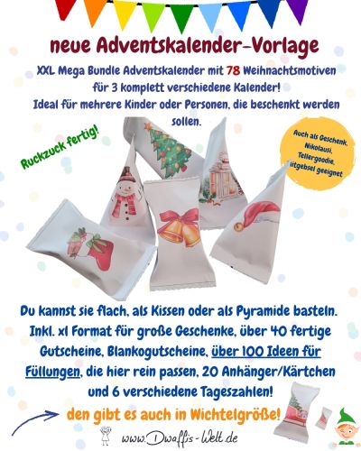 Diese Vorlage reicht für 3 verschiedene Kalender!Inhalt: 78 Motive, 6 Tageszahlensets,  Kärtchen/Anhänger, XL Päckchen, eine ausführliche Anleitung, über 40 fertige Gutscheine und mehr als 100 Füllideen, sowie eine Wichtelversion des Kalenders!