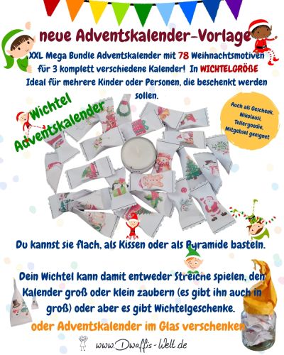 Diese Vorlage reicht für 3 verschiedene Kalender!Wichtelkalender / Wichtelgeschenke / Adventskalender im Glassupersüße kleine Adventskalender- oder Geschenkepäckchen in zwei Größen.Für Wichtel, Wichtelstreiche oder kleinen AUfmerksamkeiten