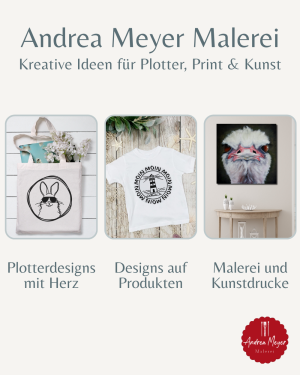 Andrea Meyer Malerei steht für kreative Ideen, die Kunst und DIY miteinander verbinden.<br />
<br />
In meinem Atelier entstehen Plotterdateien, digitale Illustrationen und Malereien, die Herz und Auge gleichermaßen ansprechen. Jedes Bild wird mit Liebe zum Detail gestaltet – klar, harmonisch und doch immer mit einer persönlichen Note.<br />
<br />
Mein Label richtet sich an kreative Frauen, die ihren Alltag mit individuellen Projekten verschönern möchten – sei es durch personalisierte Geschenke, stilvolle Dekorationen oder kleine, handgemachte Lieblingsstücke.<br />
<br />
Jedes meiner Designs erzählt eine Geschichte, inspiriert von Farbe, Form und Emotion. Dabei lege ich Wert auf ästhetische Gestaltung, einfache Umsetzbarkeit und ein Ergebnis, das einfach Freude macht.<br />
<br />
Auf meiner Webseite finden sich alle meine Designs, Blogbeiträge und Freebies – ein Ort voller Inspiration für alle, die Kreativität leben und lieben.