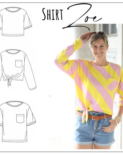 Das „Shirt Zoe“ ist eine digitale Nähanleitung mit Schnittmuster für Damen.Zoe ist ein locker geschnittenes, modernes Shirt mit drei Längen.