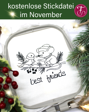 Diese liebevoll gestaltete Stickdatei zeigt einen süßen Spatz und eine kleine Maus, die gemeinsam auf einem verschneiten Ast sitzen. Winterzauber und Gemütlichkeit perfekt für kleine Nähprojekte als kostenlose Stickdatei im November.