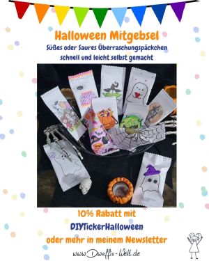 Dieses Jahr wird "Süßes oder Saures" besonders. Die Süßigkeiten kommen in  tollen kleinen Überraschungspäckchen.Entweder in bunt oder in schwarz/weiß zum Ausmalen. Tolle Effekte mit Neon Farben für special Effects! Schnell und einfach gemacht!