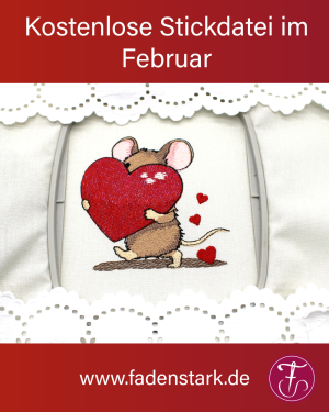 Süße Stickdatei mit einer Maus, die ein großes Herz trägt für herzerwärmende DIY-Projekte.<br />
Verschenke liebevoll bestickte Geschenke an deine Liebsten wie Taschen, Kissen, Beutel, Untersetzer. <br />
<br />
Kostenlose Stickdatei im Februar 2026