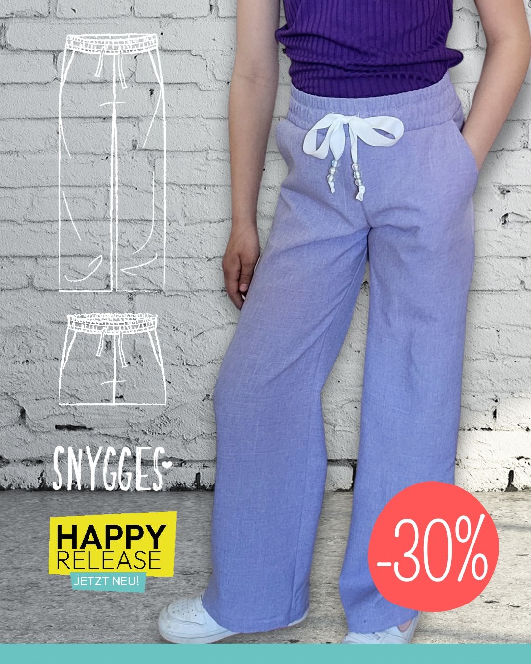 Bei Snygges wird es sommerlich - JETTE ist da!JETTE ist ein vielseitiges Schnittmuster für eine sommerliche Mädchenhose aus leichten, gewebten Stoffen wie Viskose, Leinen, Musselin oder Chambray.Außerdem gibt es 30 % Rabatt auf ale Ebooks im Shop.