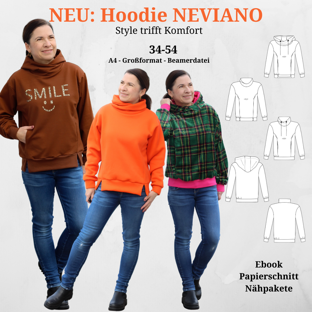 NEVIANO vereint Komfort, raffinierte Details & eine figurschmeichelnde Linienführung. Lässig, leicht oversize & perfekt für das ganze Jahr.✔️ Größen 34–54✔️ A4, Großformat & Beamerdatei ✔️ Wickelkapuze oder Wickelkagen, Einführungspreis bis 10.2.